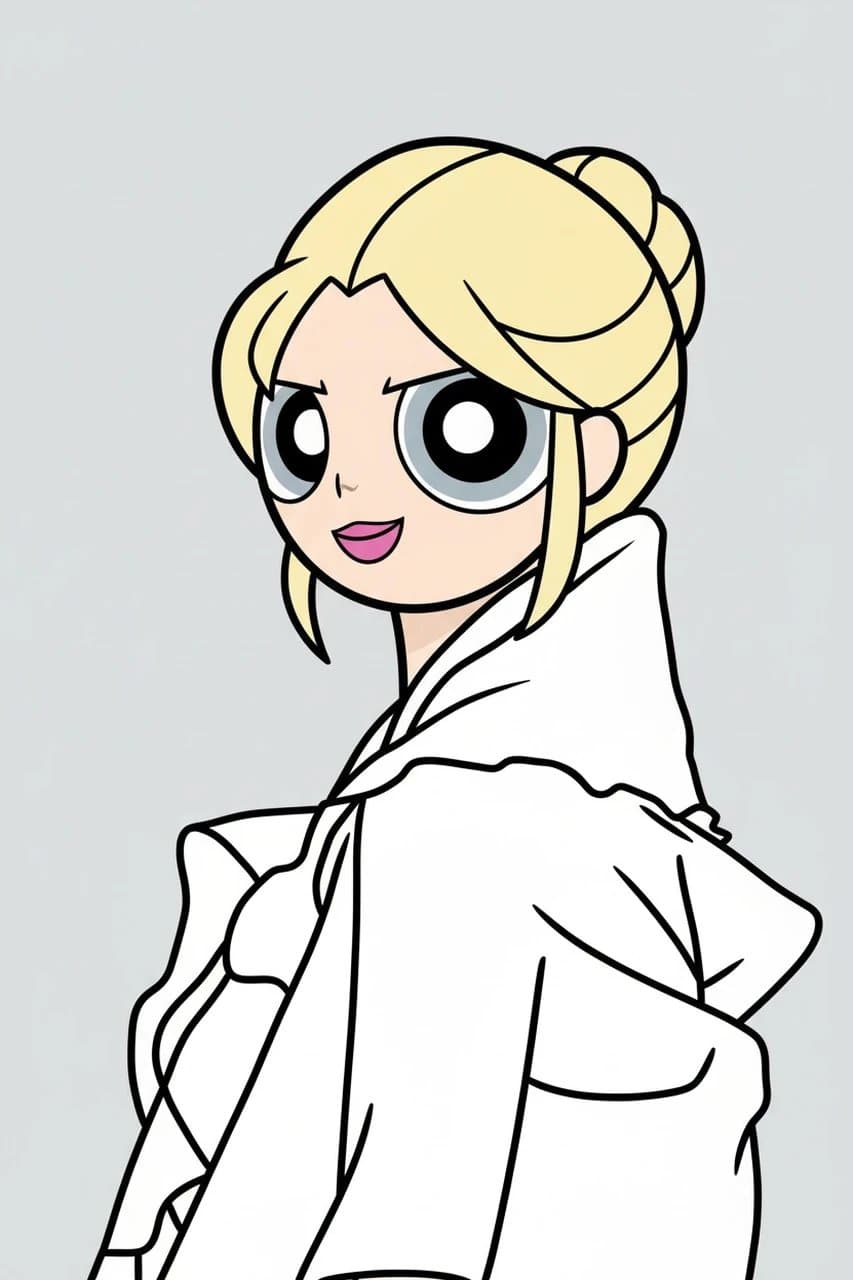 AI Powerpuff yourself filter after transformation - influencer photo in Powerpuff animation style