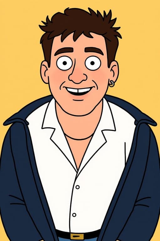 A portrait transformed into Peter Griffin's style, featuring a prominent bald head with three hairs, a thick neck, and a simple collared shirt, cheerful expression.