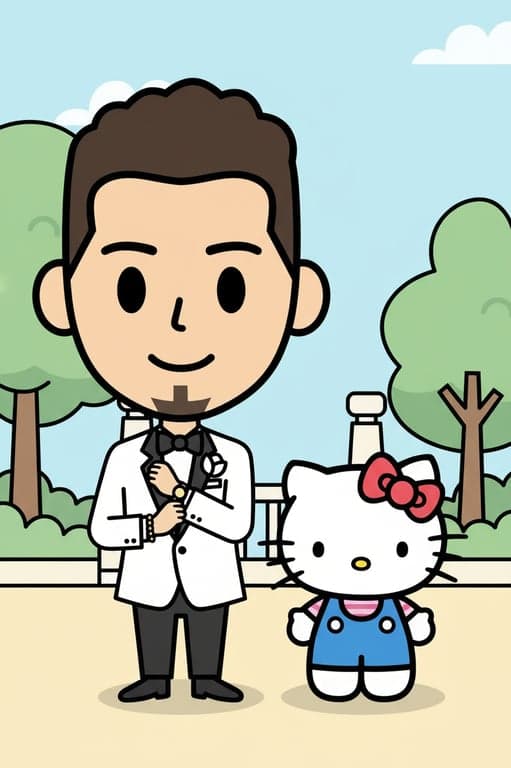 Transform the original person into a human-style character within the Hello Kitty parallel world while preserving hairstyle, pose, and outfit silhouette. Simplify the face into minimal cartoon features and place Hello Kitty standing next to the character as a clear world anchor, both rendered in the same flat 2D animation style with oversized heads, tiny bodies, pastel colors, and thick outlines.