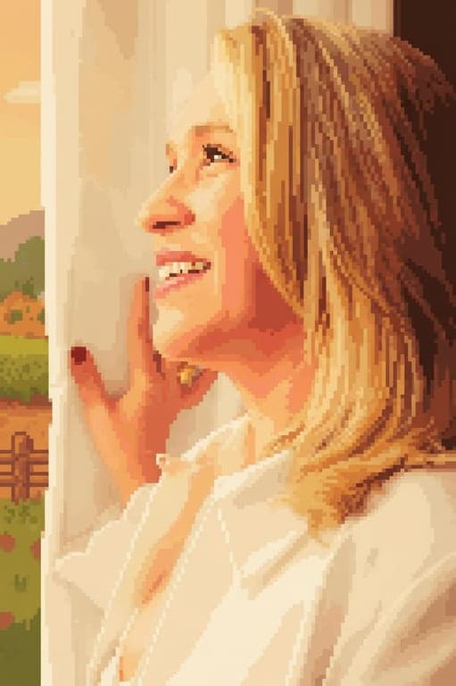 a portrait of a woman transformed into stardew valley pixel art, simplified features, warm color palette, charming and rustic vibe.