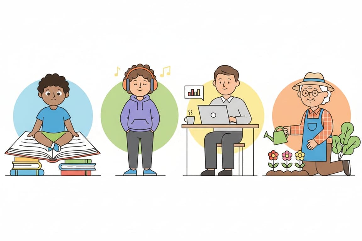 a set of four simple vector people clipart: a child reading, a teenager with headphones, an adult working on a laptop, and an elder gardening, all in flat colors with friendly expressions.