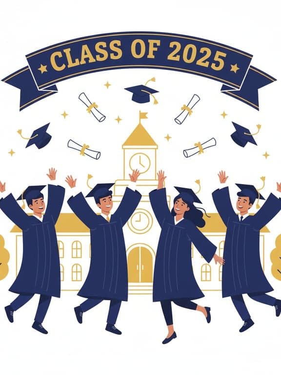 A graduation-themed clipart featuring students in caps and gowns tossing their diplomas in the air, with a classic academic color palette (navy and gold).