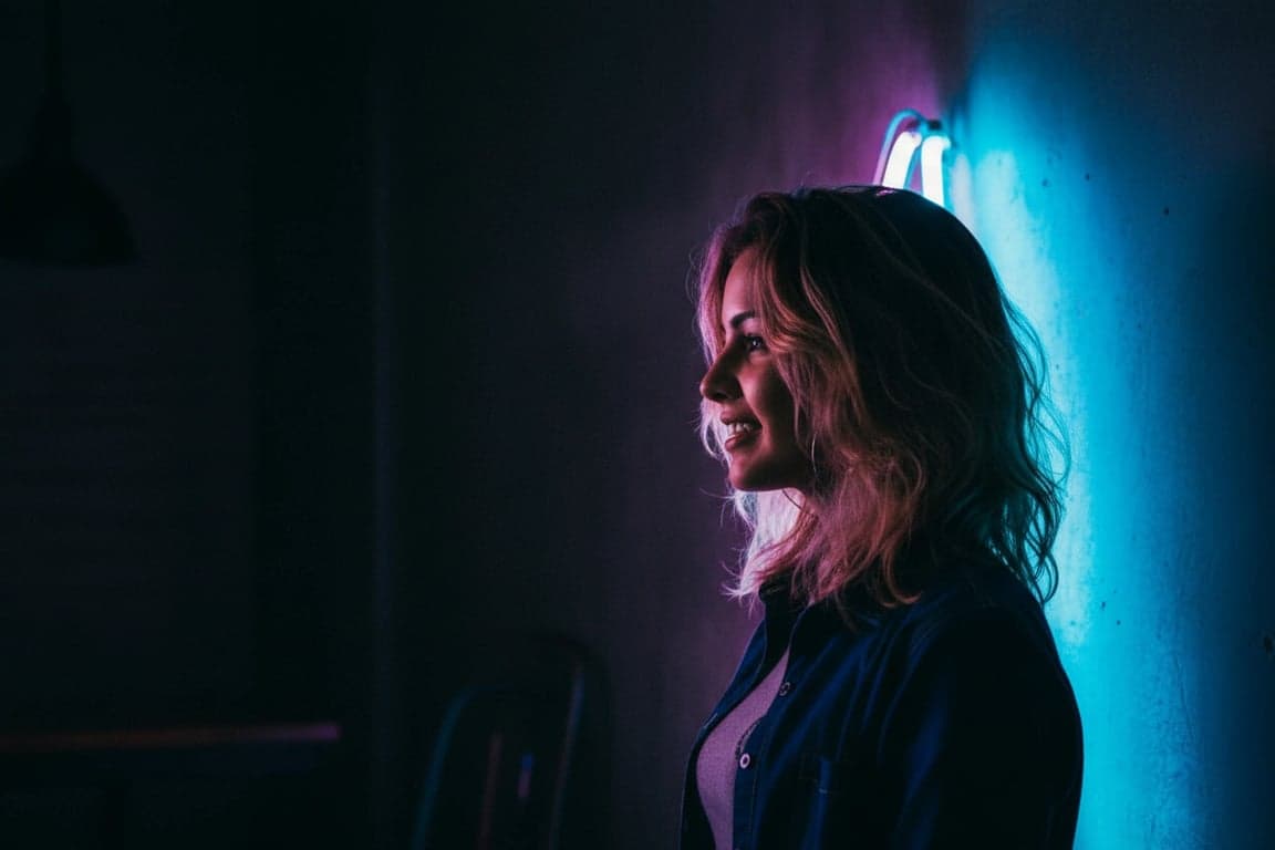 a portrait of a person in a dark room, with only their profile edged by the intense glow of a neon tube light nearby