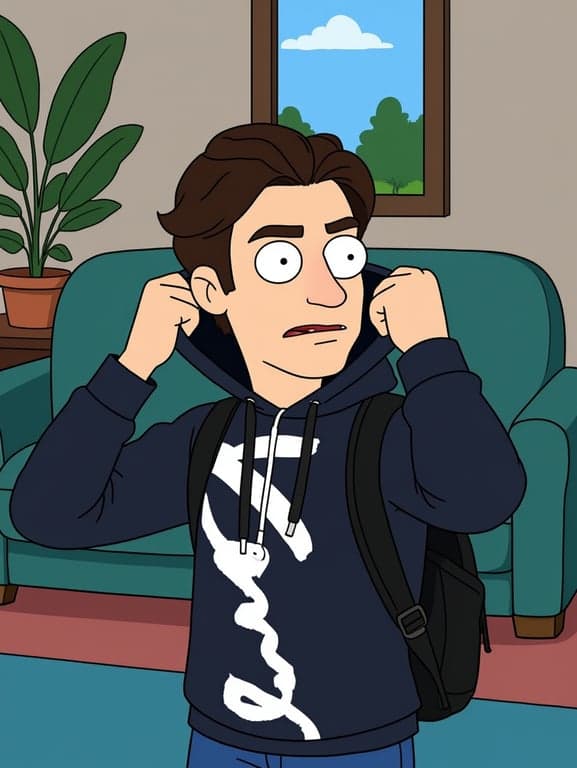 a family guy style character, in the griffin house living room, with stairs and couch, bright flat colors, simplistic perspective.