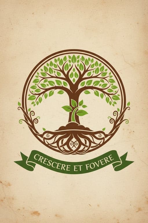 Design a crest that evokes growth and nurturing, using the lush green and rich brown earth tones from the garden photo. Feature a stylized tree whose roots and branches form a continuous circle of protection.