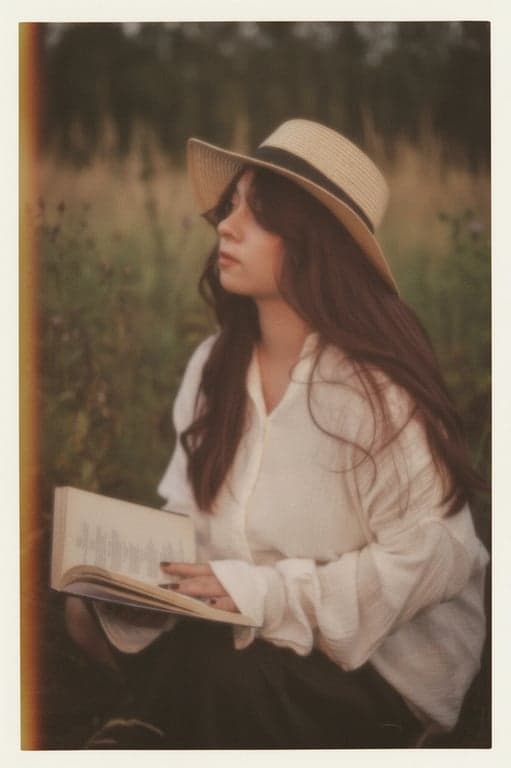 a portrait of a person illustrated with classic instant film qualities, emphasizing softness, calm mood, and nostalgic tone