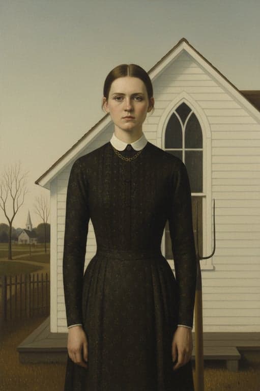 a portrait of a person stylized in an American Gothic art style featuring stiff formality, controlled color palette, realistic but simplified facial detail, and solemn rural mood