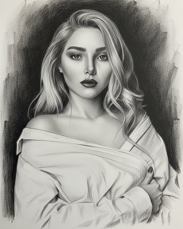 A portrait transformed into a pencil sketch and charcoal drawing, with fine hatching and cross-hatching for shading, smudged shadows, and a white paper base.