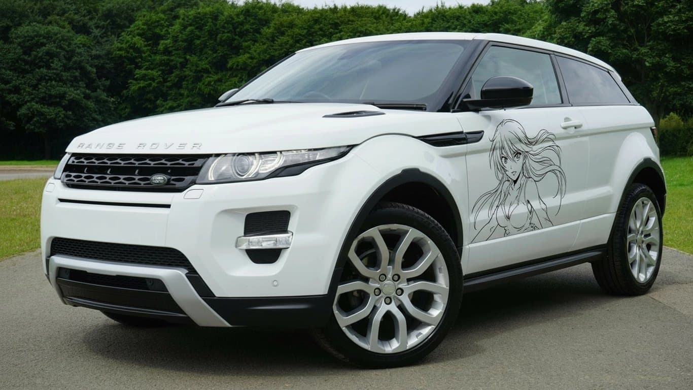 AI anime car sticker after photo - white Range Rover with car sticker