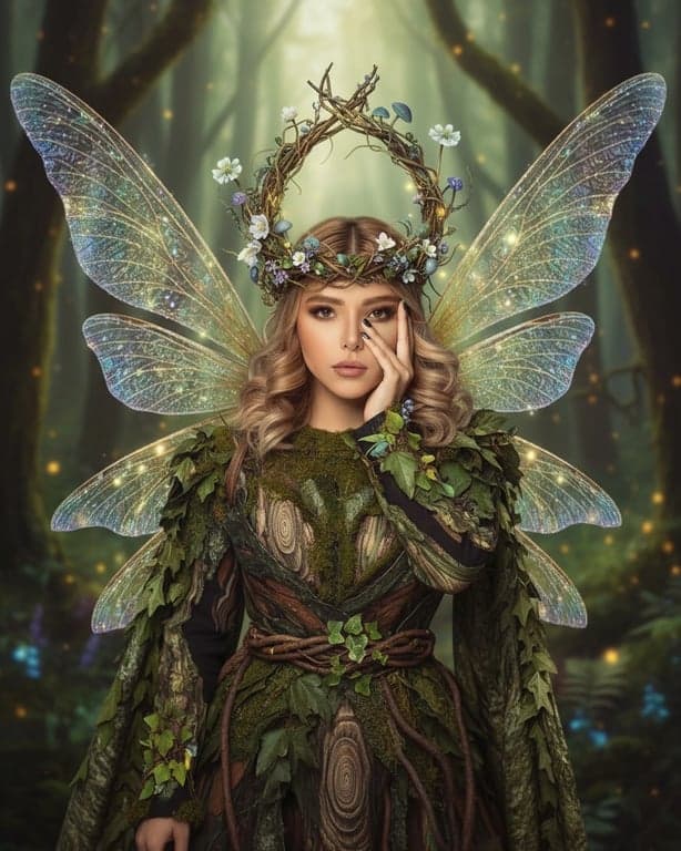 AI fairy after pic - forest fairy surrounded by green leaves and soft sunlight
