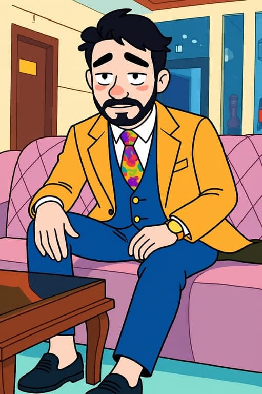 a portrait of a person illustrated as an Adventure Time-like cartoon character with intentionally odd proportions, simplified geometry, minimal facial features, thick uneven outlines, and a light absurd fantasy animation style.