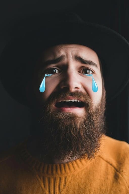 create a sad face with deliberately amplified emotional cues, such as enlarged eyes, exaggerated brow angles, and stretched mouth shapes, optimized for social media reaction images