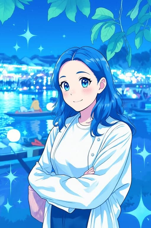 a portrait of a woman edited with a cool kawaii filter, featuring blue pastel tones, geometric shapes, and subtle glitter highlights