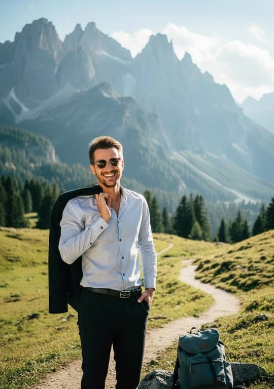 a portrait of a person on a travel adventure, with a beautiful landscape in the background and an expression of joy