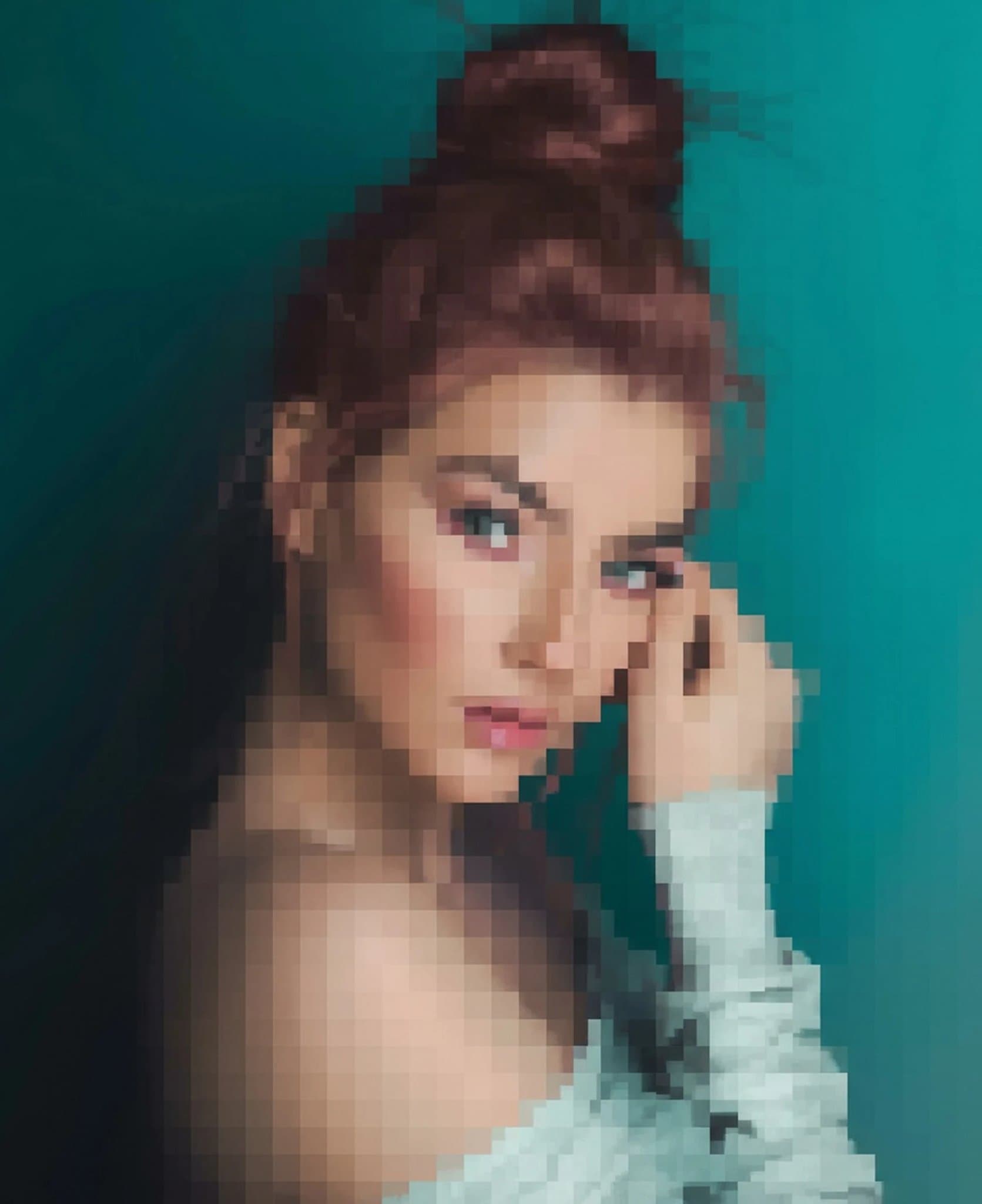 AI pixelate image filter after transformation - portrait turned into mosaic pixelated artwork