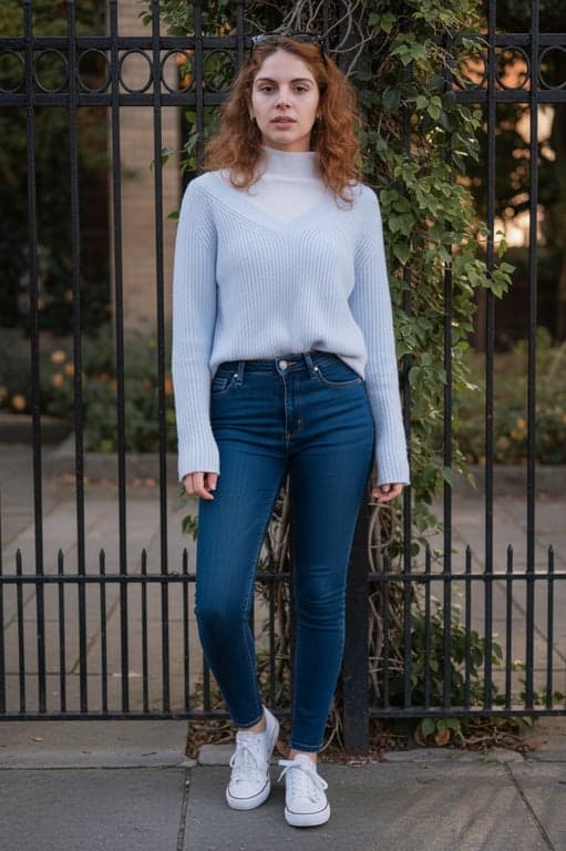 Reconstruct a full-body portrait of the woman by filling in the missing lower body while keeping the original pose, outfit, and background intact. Ensure realistic anatomy, natural weight distribution, and correct body mechanics so the completed image appears as a single uninterrupted photograph.