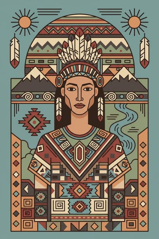 a portrait of a person rendered in a contemporary Indigenous art style featuring clean modern linework, stylized facial detail, symbolic pattern accents, controlled color palette, flat lighting, and a respectful modern Native American visual identity