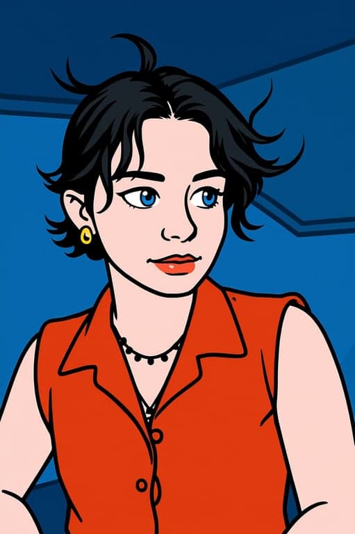 a portrait of a person stylized in a random cartoon character aesthetic featuring clean graphic lines, flat colors, varied proportions, and a lively cartoon mood
