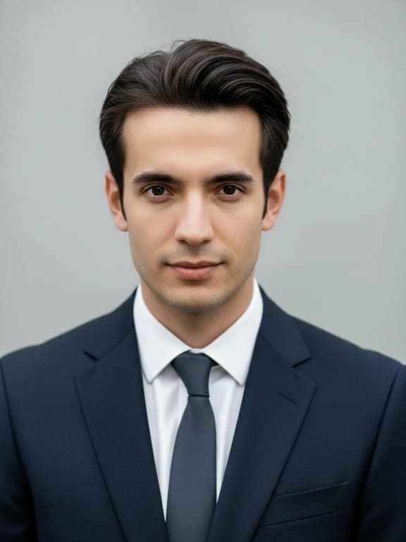 a portrait of a man, ai job application photo, neat appearance, direct eye contact, bright and clear lighting, neutral colored wall.