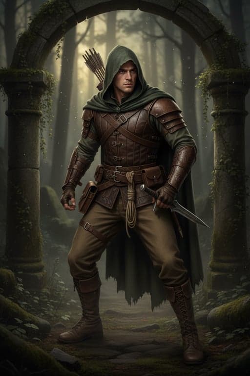 a D&D-style rogue or ranger character with light armor, practical gear, realistic posture, and restrained fantasy styling, emphasizing skill, movement, and character personality rather than flashy magic