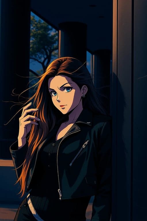 a portrait of a person edited in a Demon Slayer–style anime look, featuring stylized linework, expressive eyes, flowing clothing shapes, dramatic contrast lighting, and a dark atmospheric background