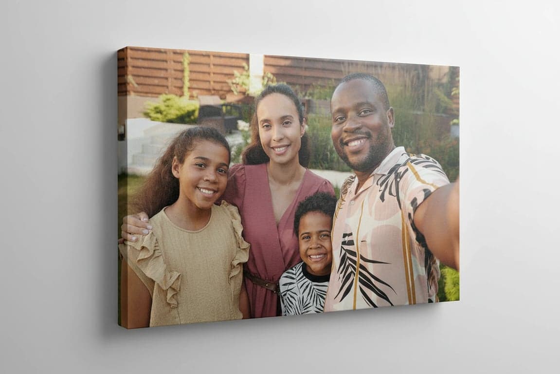 a family photo, gallery-wrapped canvas style, image continues seamlessly around the 1.5-inch thick edges, no frame, subtle sheen of satin varnish finish.