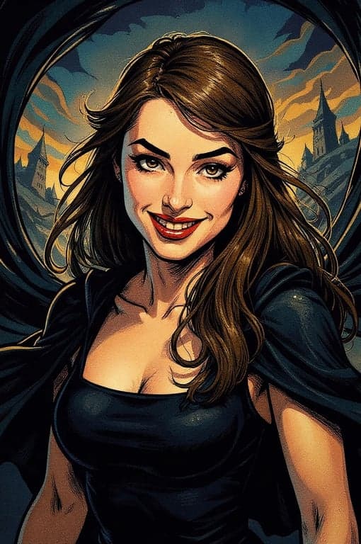 Comic Book Style filter after transformation - portrait in fantasy comic style with cape shapes and soft castle silhouette