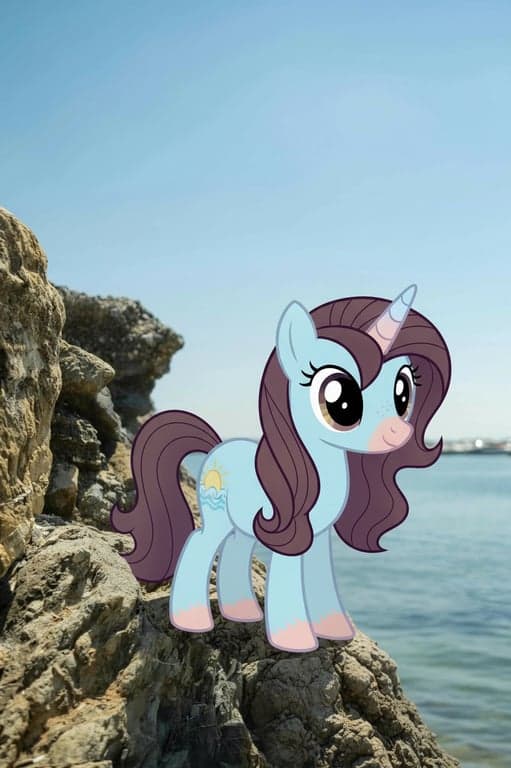 A portrait of a person transformed into a fully non-human My Little Pony pony, four hooves touching the ground, horizontal body posture, oversized head and expressive eyes, mane styled from the original hairstyle, identity conveyed through color and expression only, original background unchanged, bright pastel palette, cel-shaded cartoon rendering, and a symbolic cutie mark.
