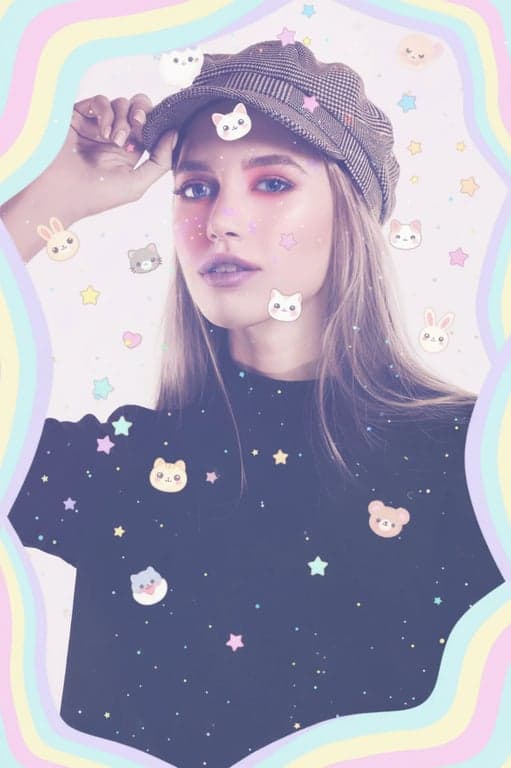 a portrait of a woman transformed with a kawaii deco filter, covered in cute animal stickers, stars, and rainbow frames