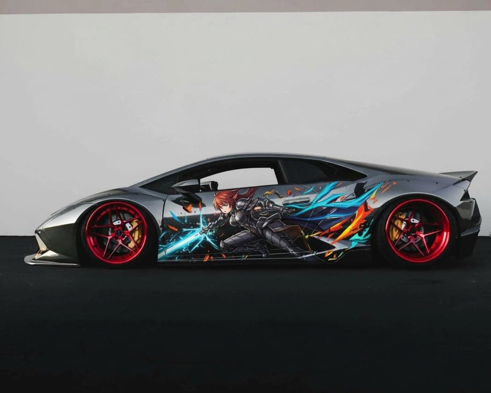 AI anime car sticker after photo - black car parking in the parking lot with car sticker