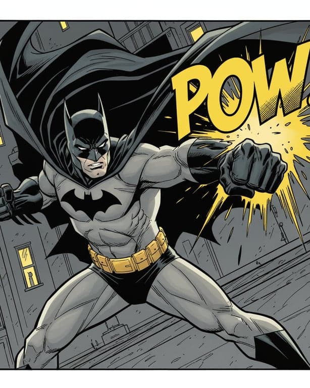 batman in comic book style, dynamic action pose, sharp ink lines, limited color palette (black, grey, yellow), sound effect \"POW!\" overlay.