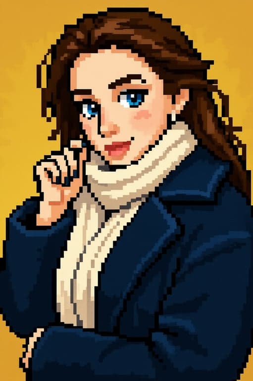 A seasonal outfit variation for a character: the same NPC wearing a winter coat and scarf in one portrait, and a summer t-shirt in another, in Stardew style.