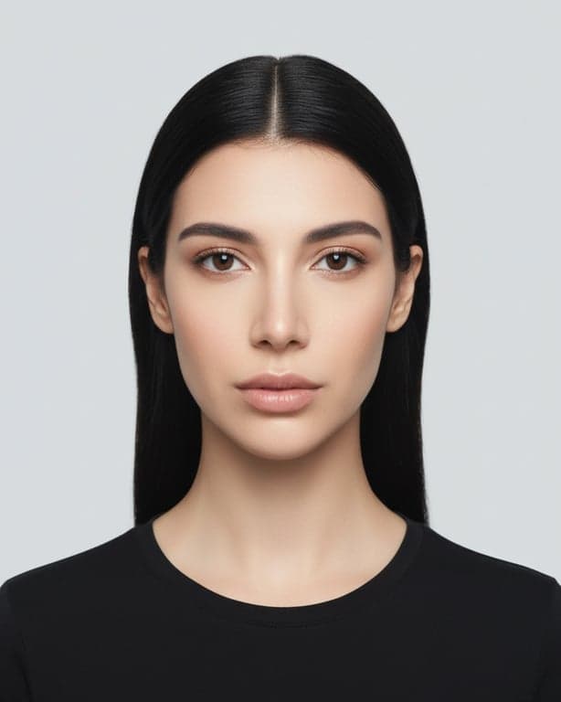 a portrait of a woman, ai biometric portrait, sharp facial landmarks, neutral lighting, no obstructions, plain light grey backdrop.