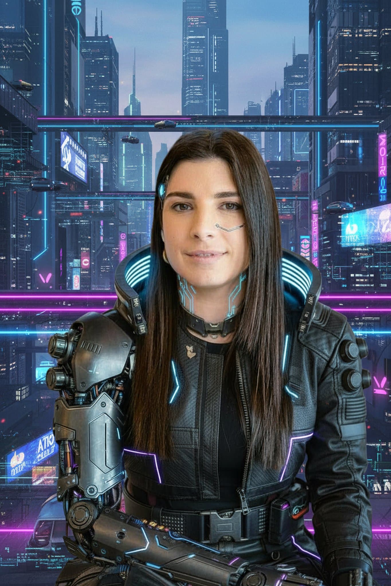 Futuristic skyline backdrop highlighting a cybernetic armored suit with glowing lines and mechanical enhancements.