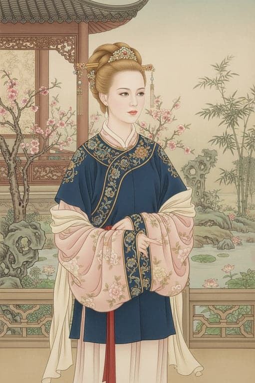 a portrait of a woman in traditional hanfu, gongbi painting style, fine lines, rich mineral pigments, intricate hair ornament details, serene garden setting.