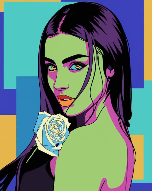 a portrait of a person rendered in an Andy Warhol–inspired pop art style featuring vivid contrasting color blocks, simplified facial structure, bold outlines, flat lighting, and classic pop art cultural energy