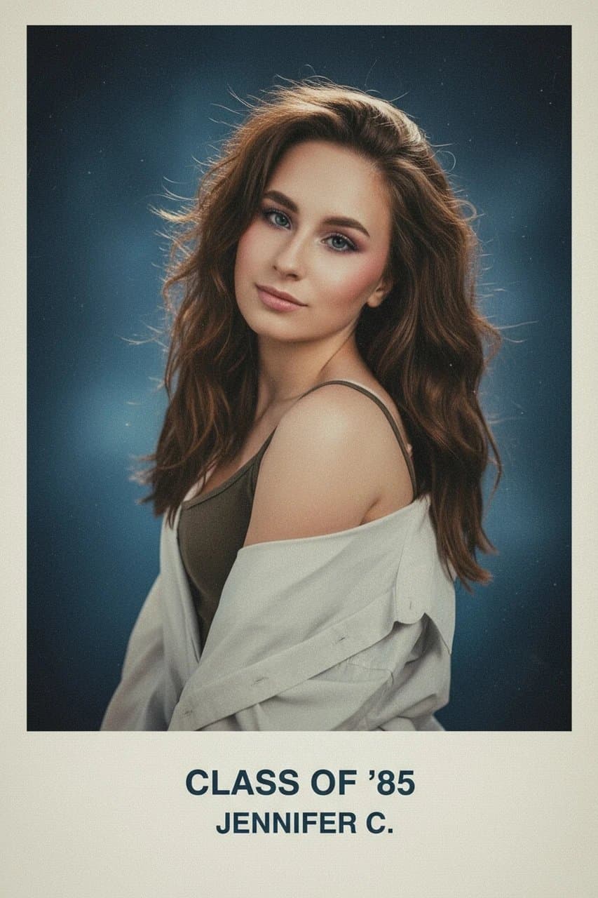AI generated yearbook filter after transformation - influencer photo rendered with classic yearbook layout