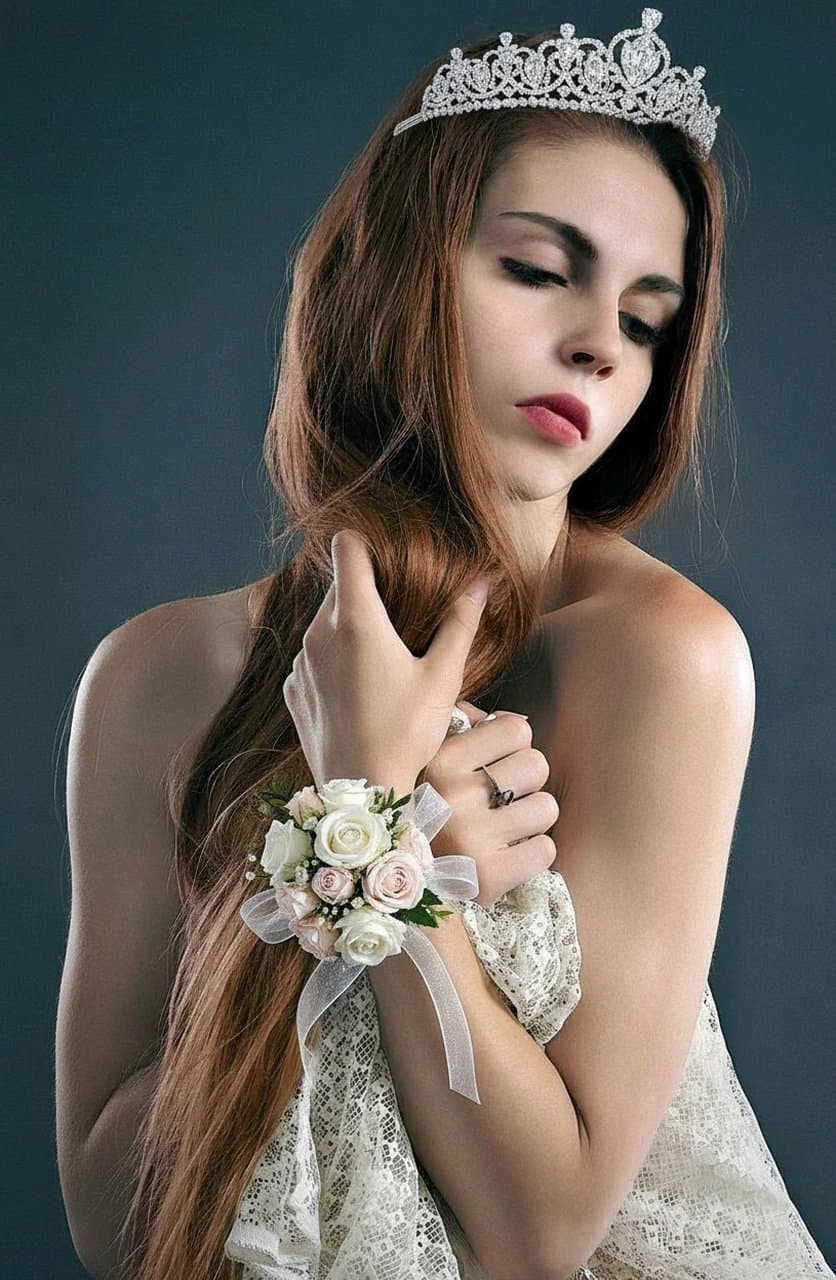 Portrait edited with essential prom accessories including a wrist corsage and a diamond tiara.