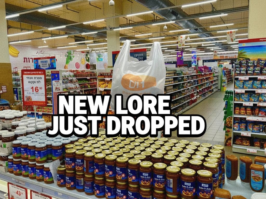 A photo of a realistic plastic bag floating in a supermarket aisle, with a deep-fried filter and the words \"new lore just dropped\" in bold font.