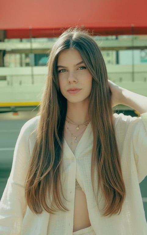 AI long hair filter after photo - woman in white shirt with straight hair